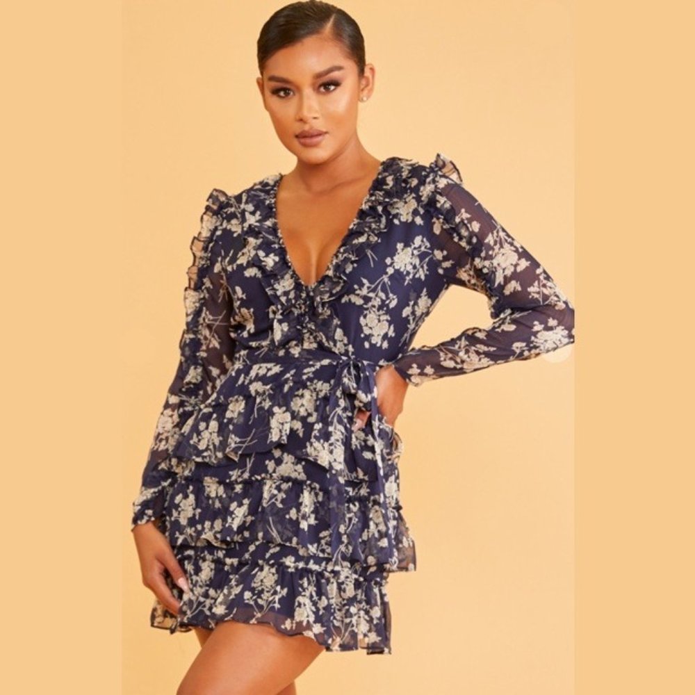 Navy Floral Ruffle Mini Dress